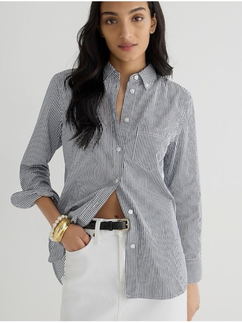 J.Crew Sz 0 Classic Fit Washed Cotton Poplin Shirt In Navy White Stripe